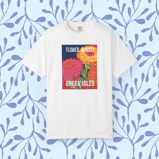 Vibrant Floral Market Tee, Flower Market T-Shirt, Greek Isles Apparel, Gift for Garden Lovers, Summer Wardrobe Essential