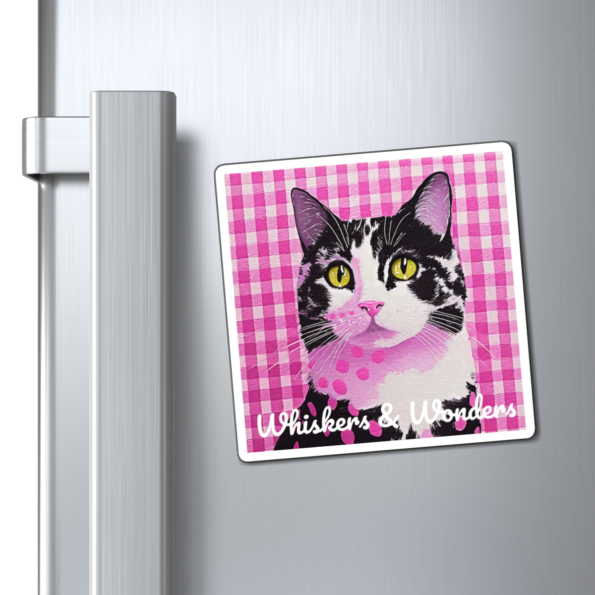 Charming Cat Magnet - Whimsical Pet Decor, Cute Kitchen Accessory, Gifts for Cat Lovers, Pink Gingham Style, Fun Home Decoration