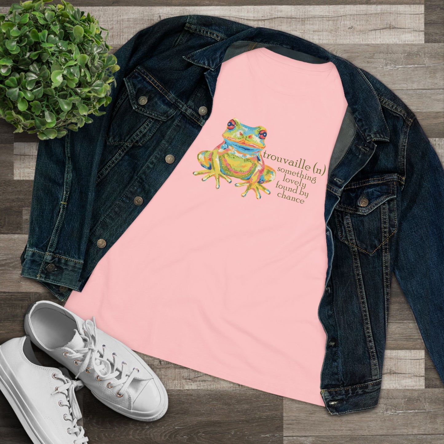 "Trouvaille" Something Lovely Found by Chance French Frog Tee — Women's Cotton T‑Shirt with Colorful Frog Art