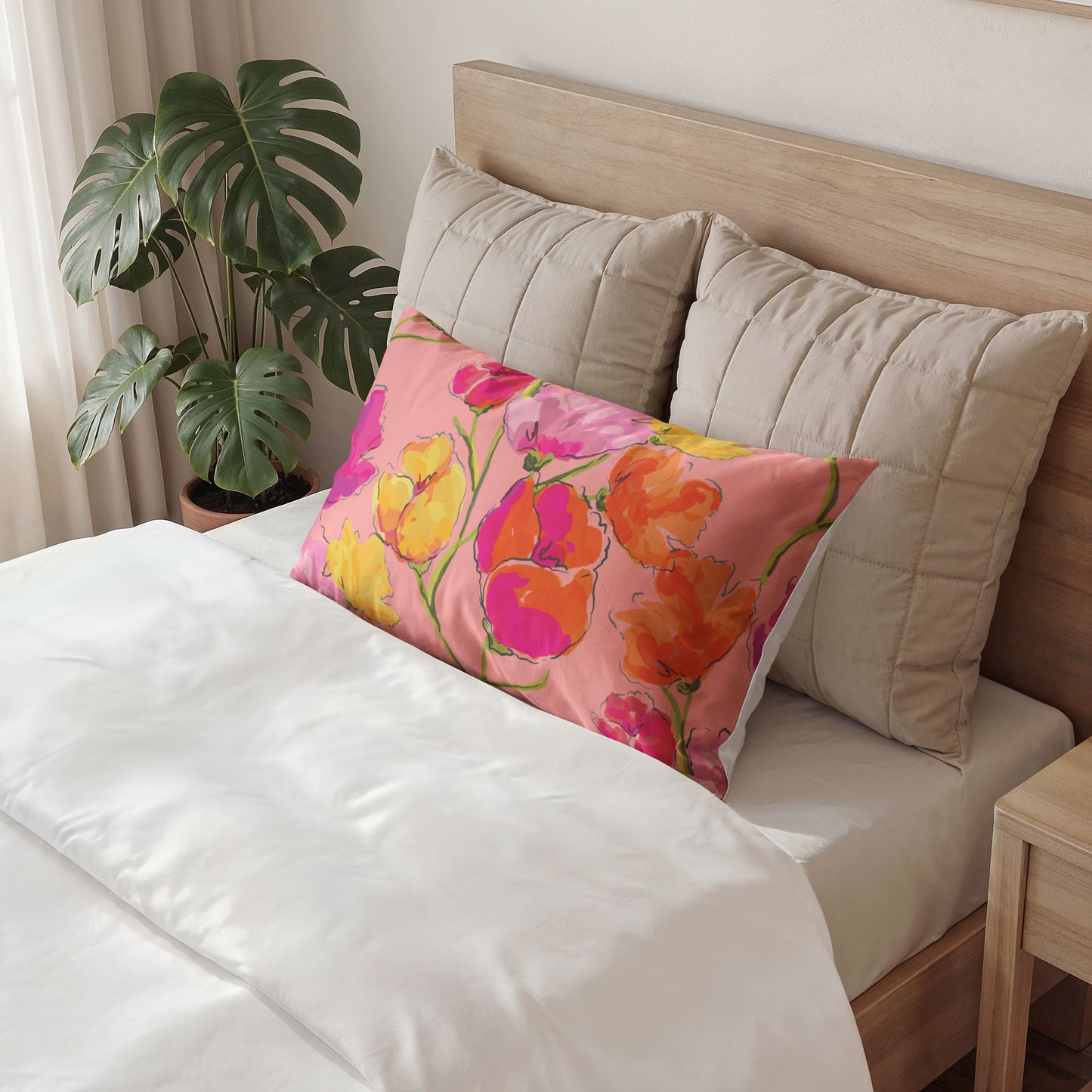 Floral Watercolor Pillow Case — Pink Tulip Garden Accent