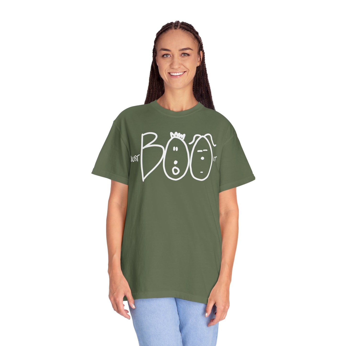 JUST BOO IT....Spooky Unisex Garment-Dyed T-shirt, Halloween Tee, Trendy Graphic Tee, Funny Costume Top, Holiday Apparel, Party Wear