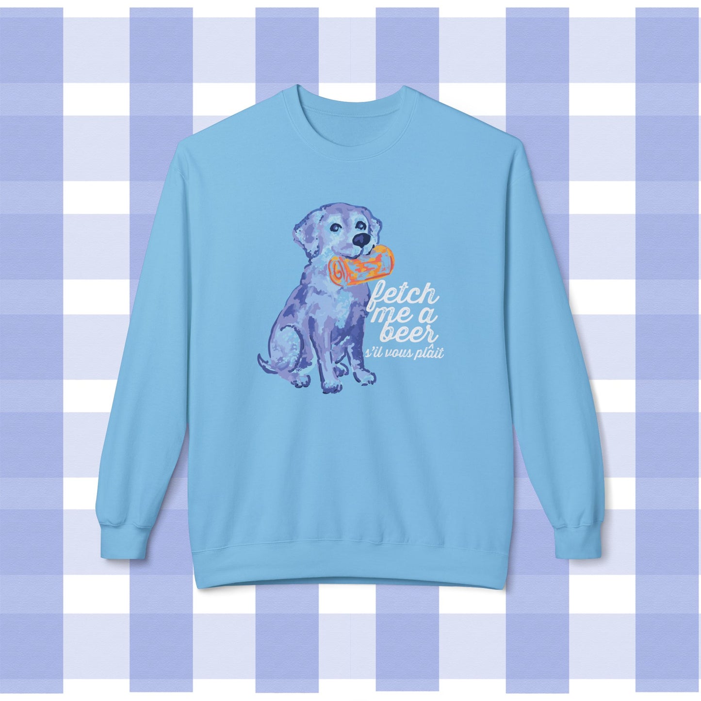 Crewneck Sweatshirt — Blue Watercolor Retriever with 'Fetch Me a Beer' "S'il Vous Plait" Text