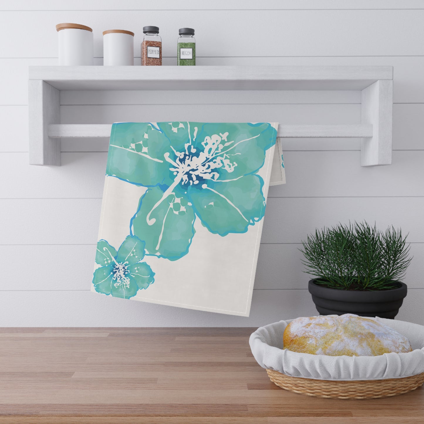 Elegant Turquoise Azalea Floral Tea Towels, Kitchen Décor, Gift for Tea Lovers, Home Essentials, Wedding Gift, Botanical Design