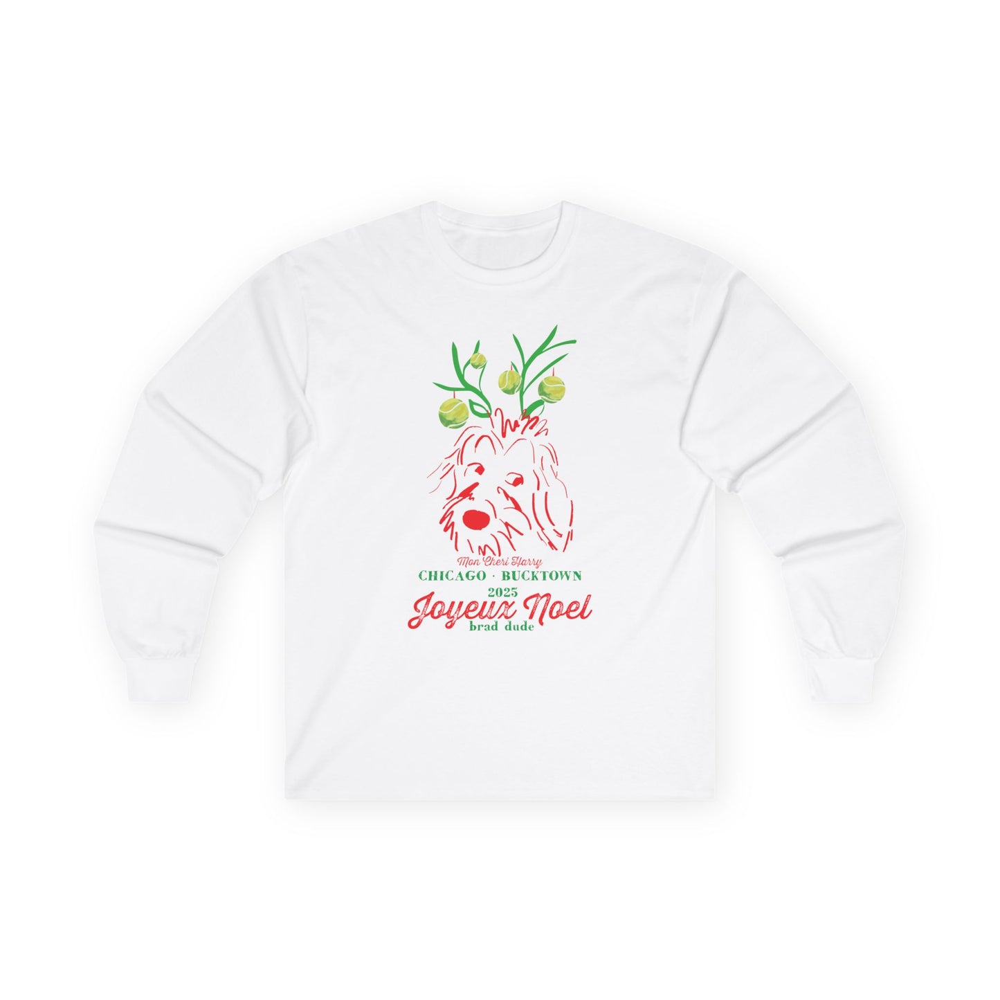 Long Sleeve Tee — 'Joyeux Noël' Holiday Dog Illustration