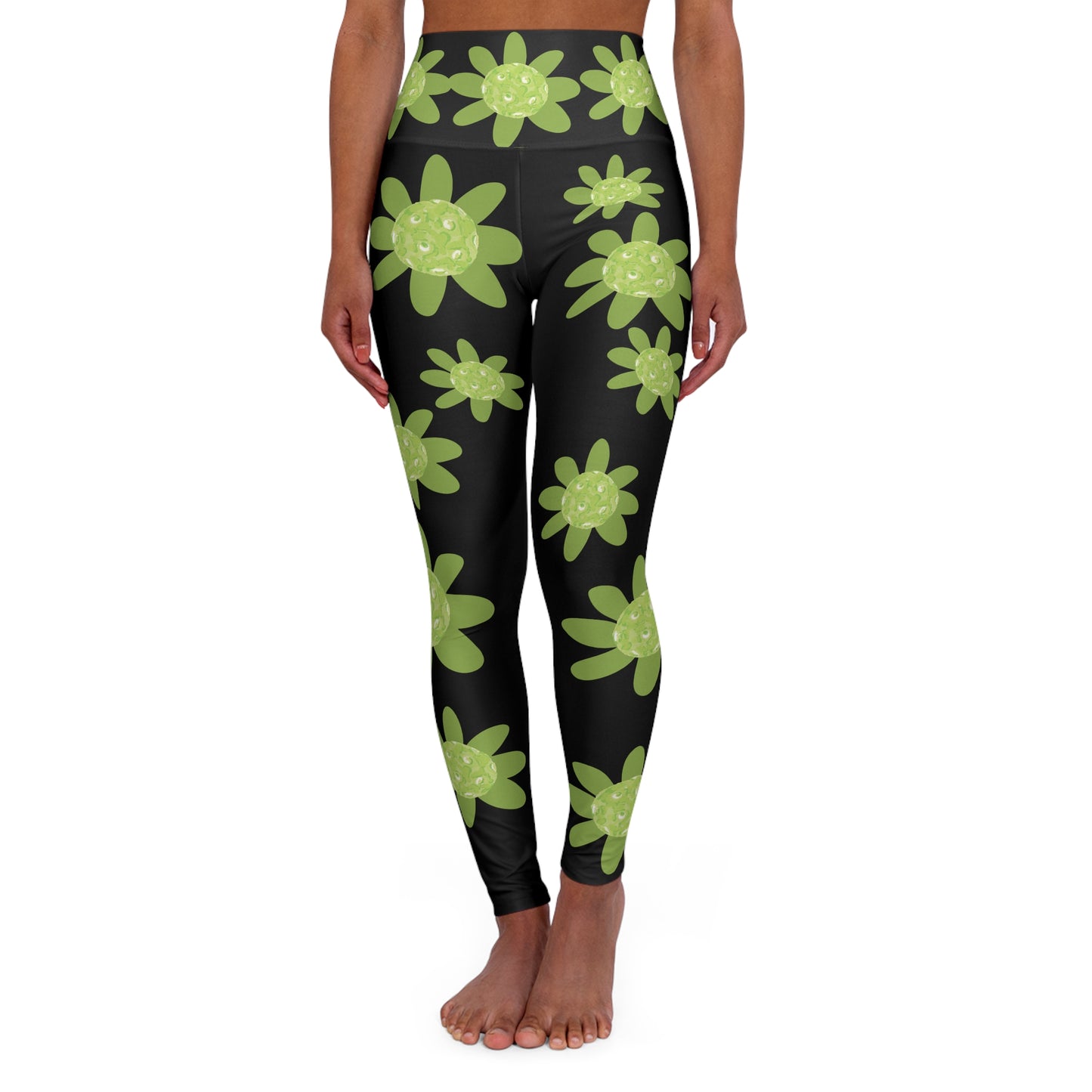Black Leggings with Green Pickleball Daisy Design, Floral High-Waisted Yoga Leggings, Comfortable Activewear, Flower Print Leggings, Fitness Fashion, Gym Essentials, Yoga Apparel