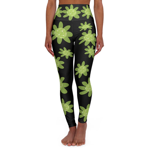 Black Leggings with Green Pickleball Daisy Design, Floral High-Waisted Yoga Leggings, Comfortable Activewear, Flower Print Leggings, Fitness Fashion, Gym Essentials, Yoga Apparel