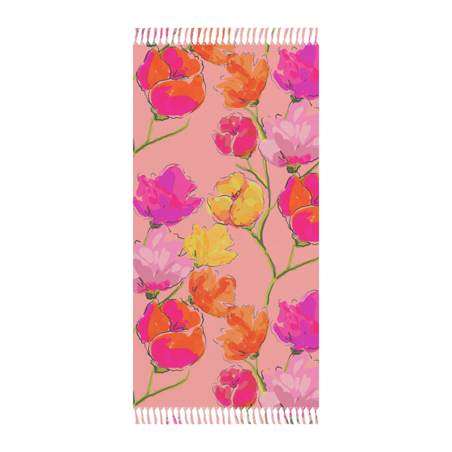 Boho Floral Beach Towel — Pink Watercolor Tulip Floral Fringe Towel