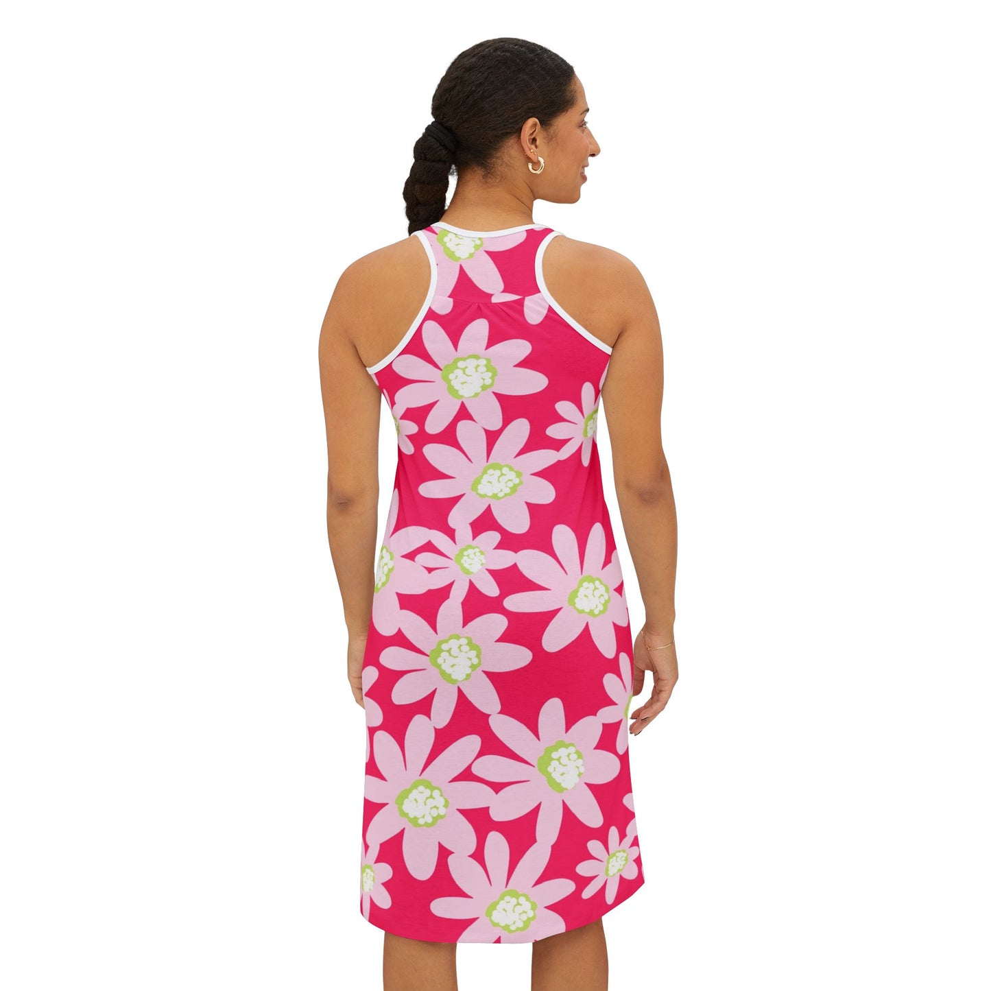 Pink Daisy Floral Summer Racerback Dress, Women’s Beach Dress, Vacation Outfit, Casual Dress, Mother's Day Gift, Summer Dress