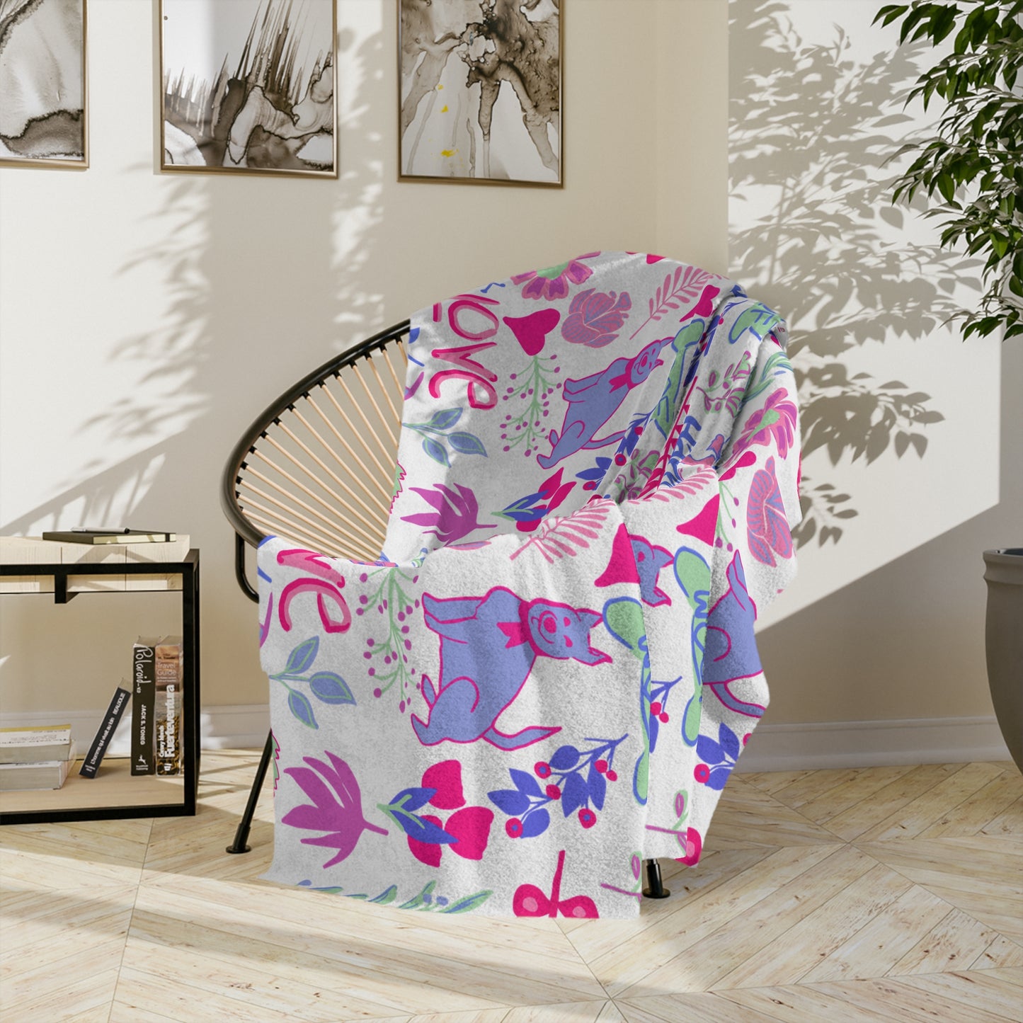 Love & Joy Puppy Pattern Blanket — Velveteen Microfiber Throw