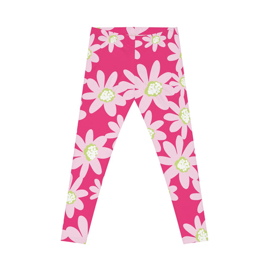 Daisy Pink Floral Women's Casual Leggings, Yoga Pants, Workout Leggings, Spring Activewear, Gift for Her, Everyday Wear