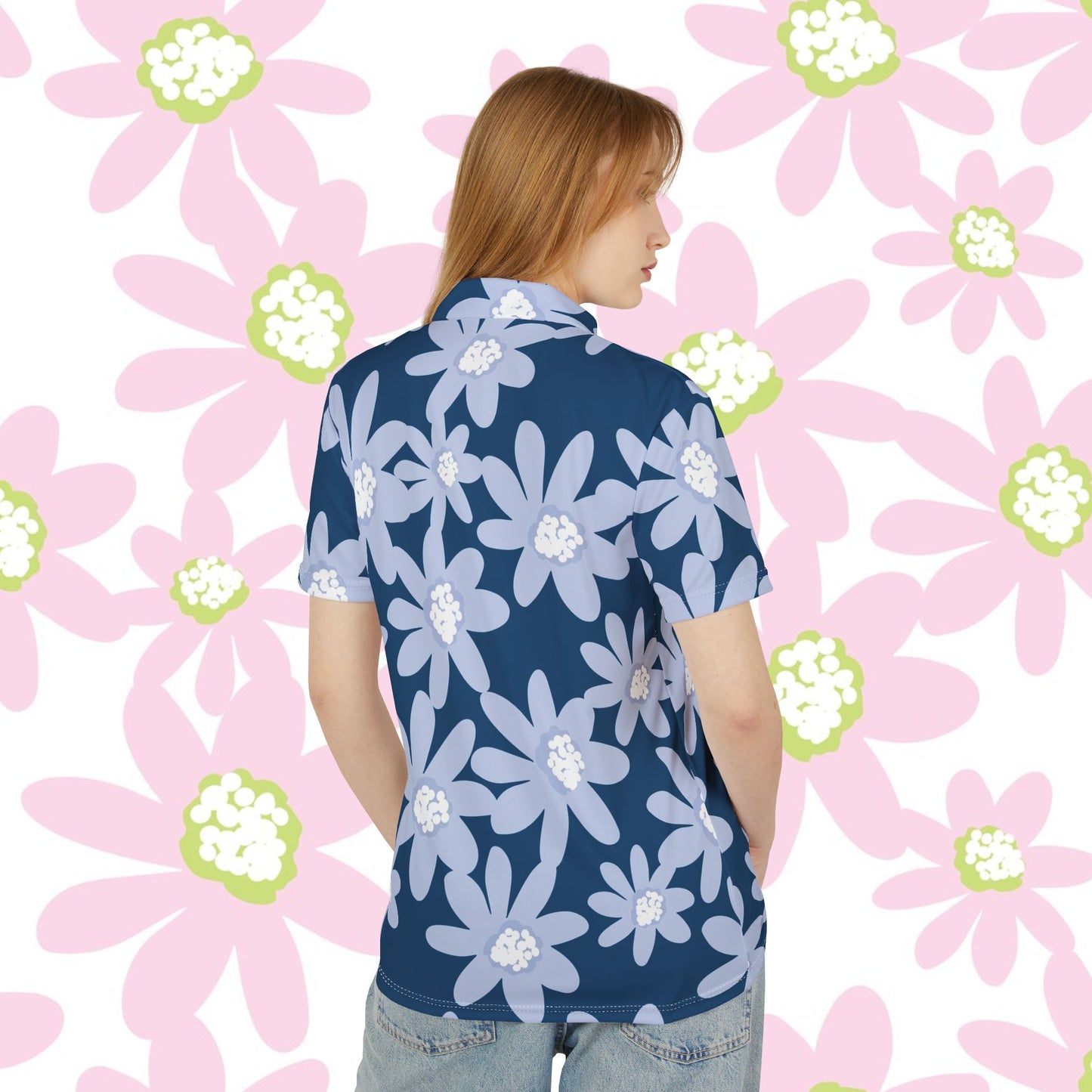 Large Blue Dasiy Floral Unisex Polo Shirt - Summer Vibes, Casual Wear, Gifts for Him/Her, Beachwear, Spring Fashion