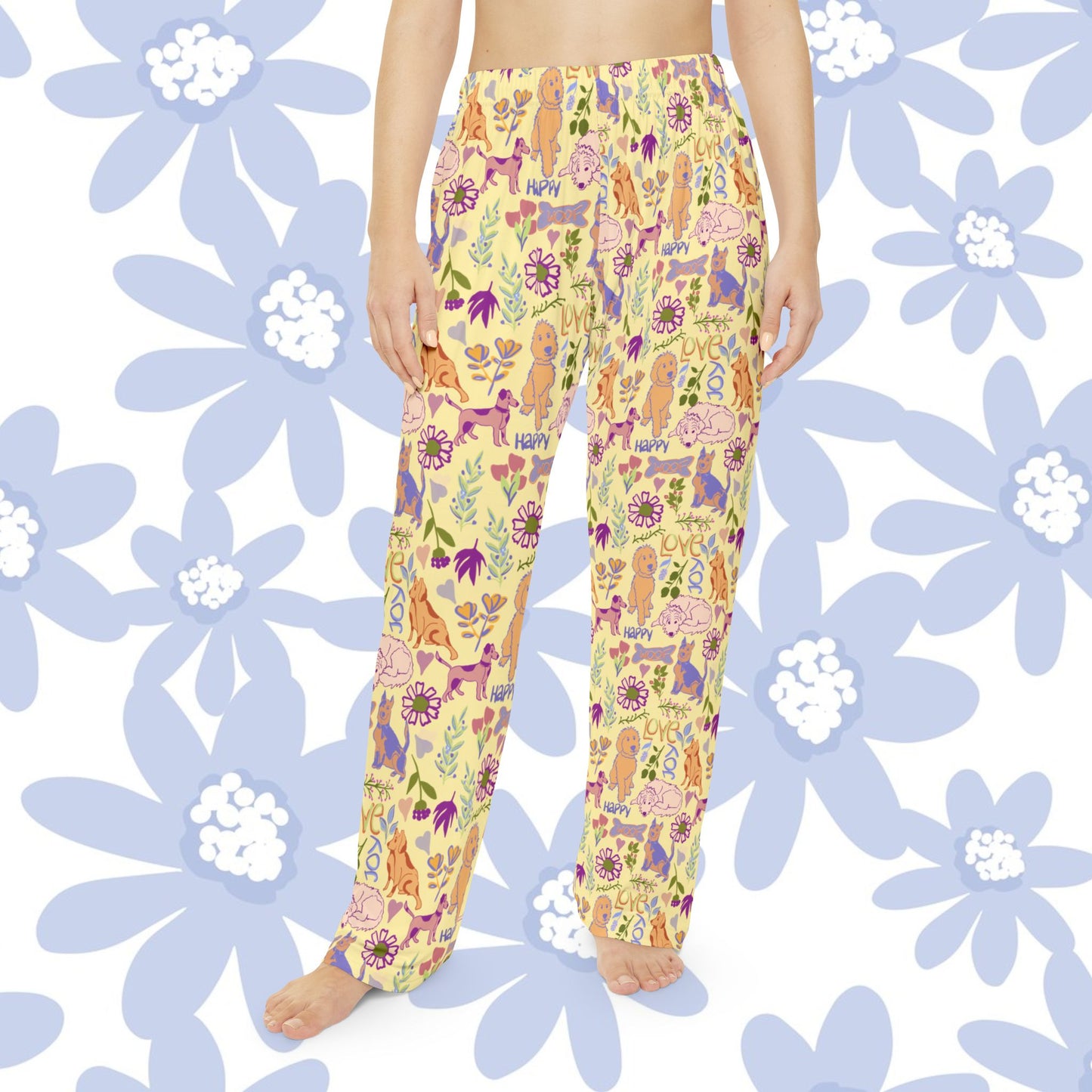 Dog and Puppy Garden Pajama Pants — Floral Allover Print Sleepwear