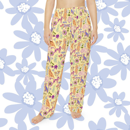 Dog and Puppy Garden Pajama Pants — Floral Allover Print Sleepwear