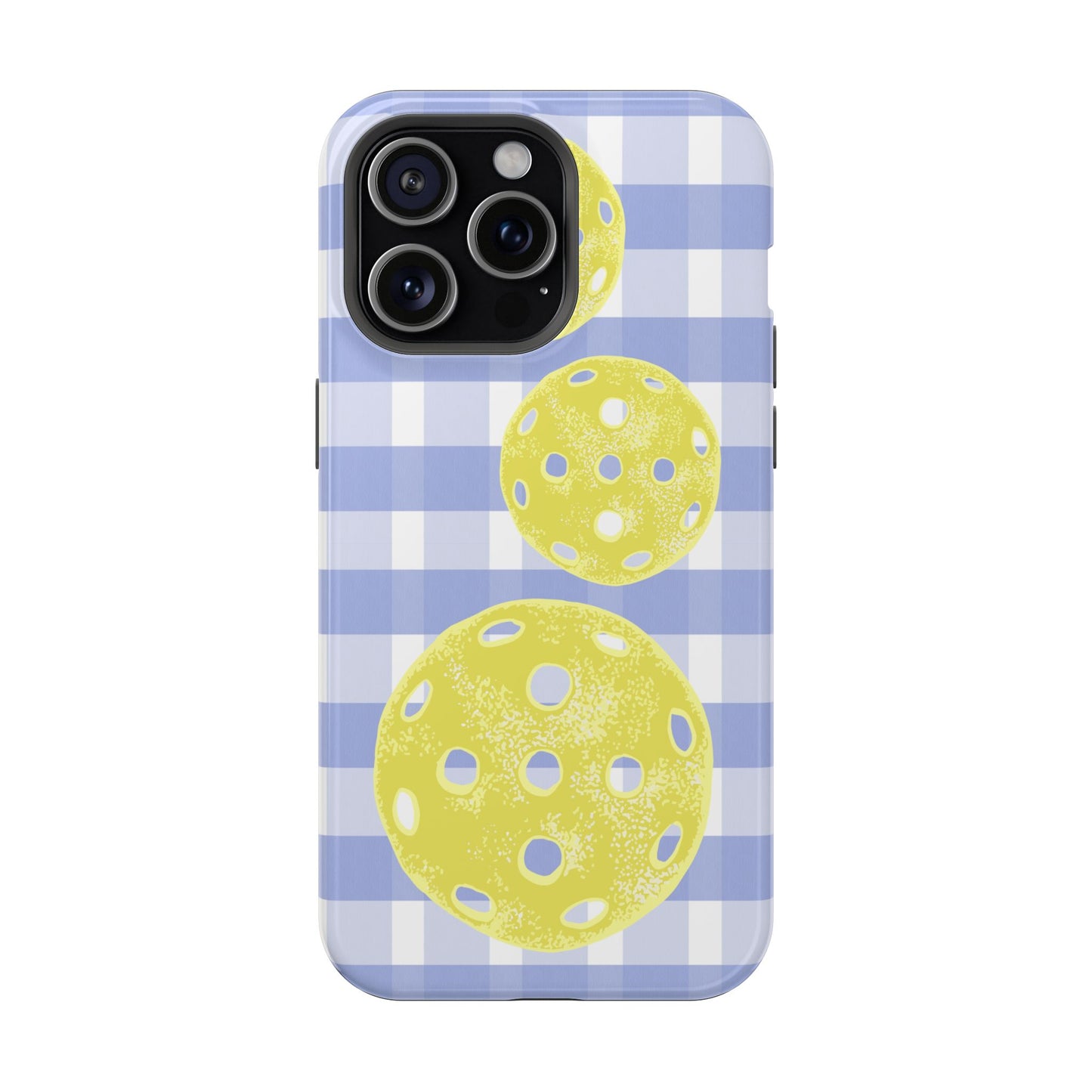 Pickleball Pattern Phone Case — Yellow Pickleball on Blue Gingham Impact Case