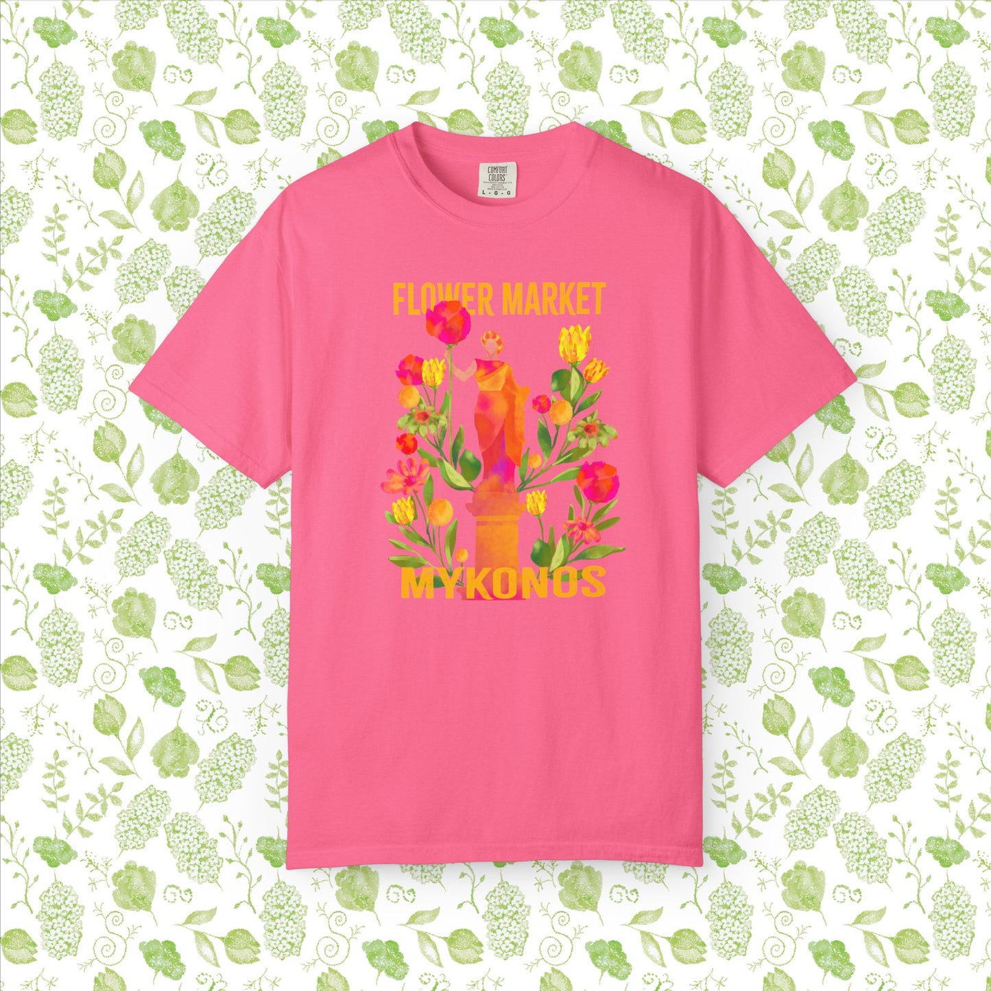 Greek Isle Mykonos Floral Market T-Shirt | Summer Vibes, Eco-Friendly Apparel, Casual Wear, Gift for Her, Bohemian Style