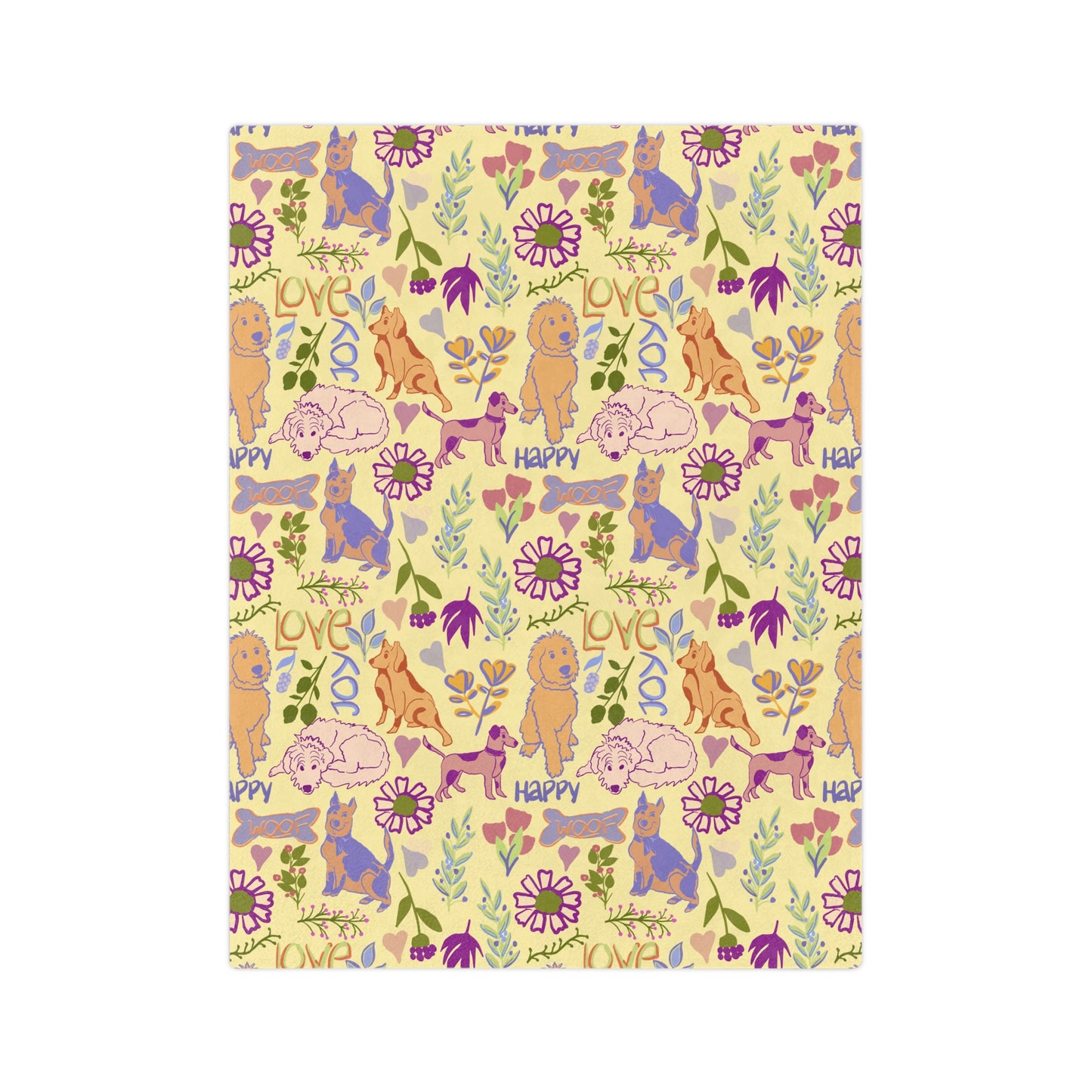 Dog Pattern Velveteen Microfiber Blanket — Cute Puppies, 'Love' & 'Happy' Floral Throw