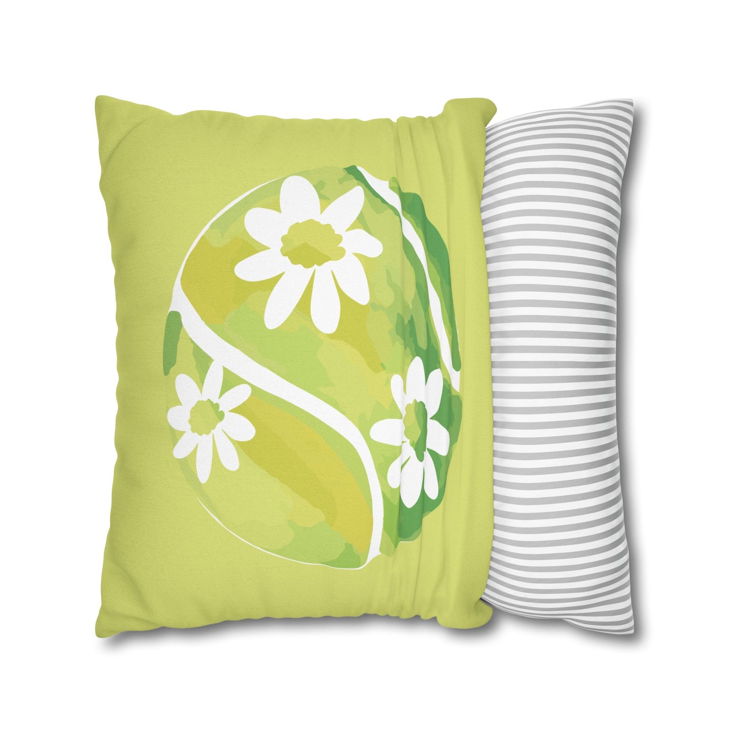 Tennis Ball Daisy Spring Floral Square Pillowcase - Decorative Cushion, Home Decor, Couch Pillow, Gift for Her, Green Leaves Design