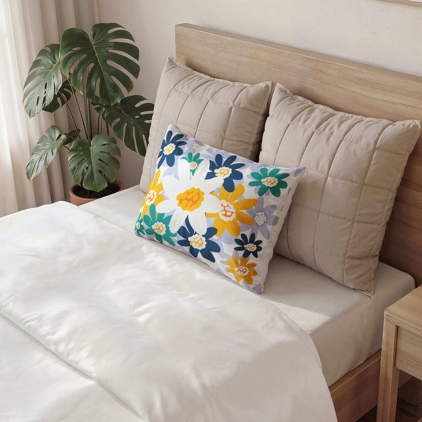 Floral Daffodil Cotton Pillow Case — Yellow & Navy Garden Pillowcase