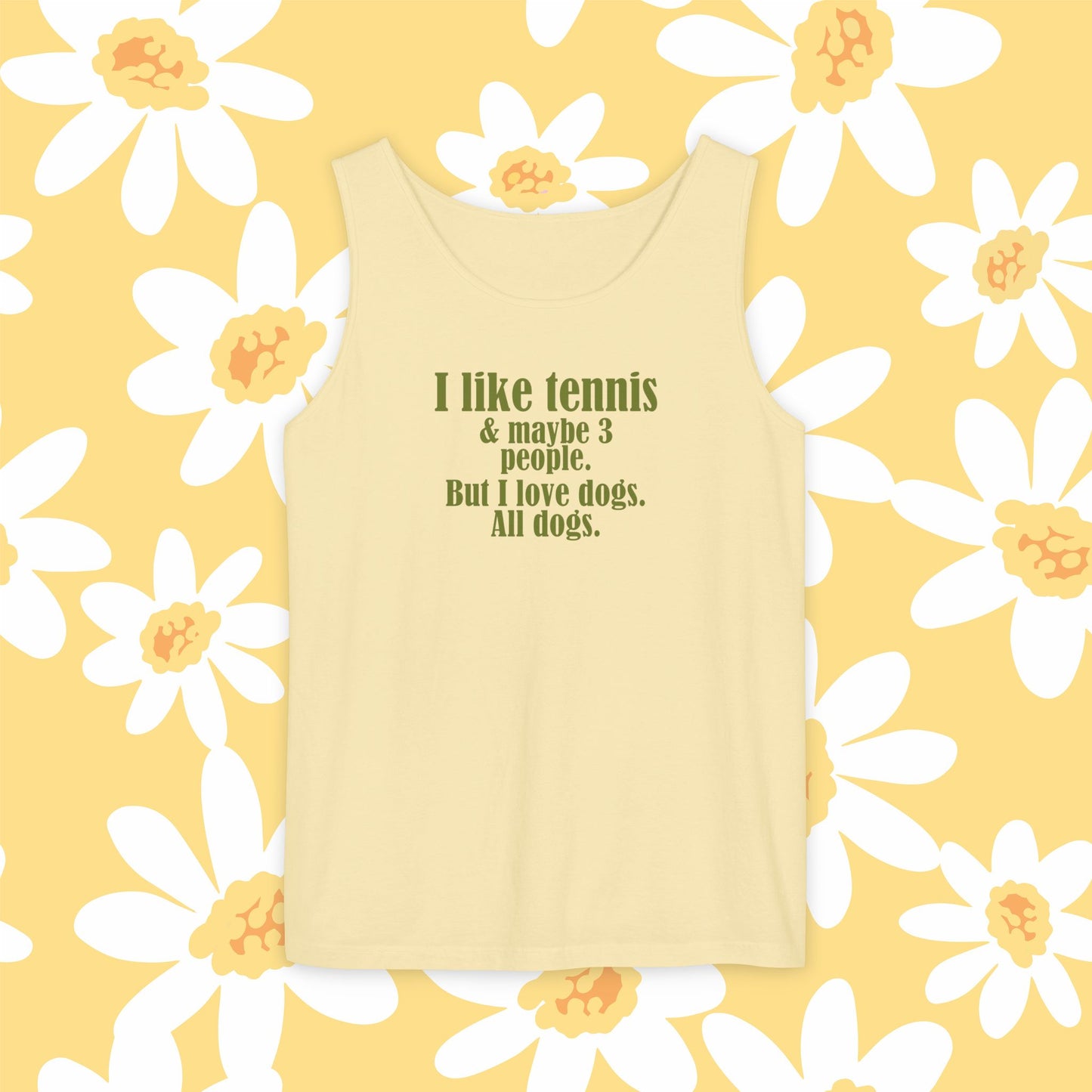 "I like tennis & maybe 3 people. But I love dogs. All Dogs" Dog-Loving Tennis Unisex Tank Top, Casual Summer Wear, Gift for Dog Owners, Funny Summer Tank, Pet Lover Apparel