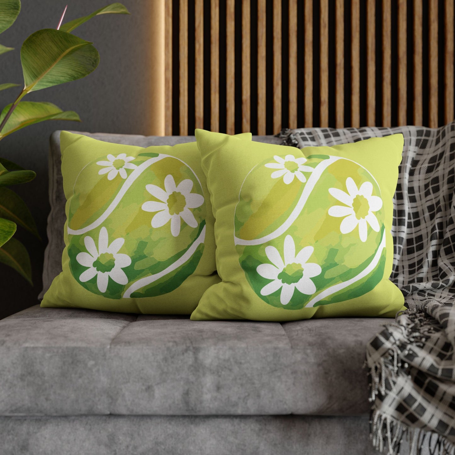 Tennis Ball Daisy Spring Floral Square Pillowcase - Decorative Cushion, Home Decor, Couch Pillow, Gift for Her, Green Leaves Design