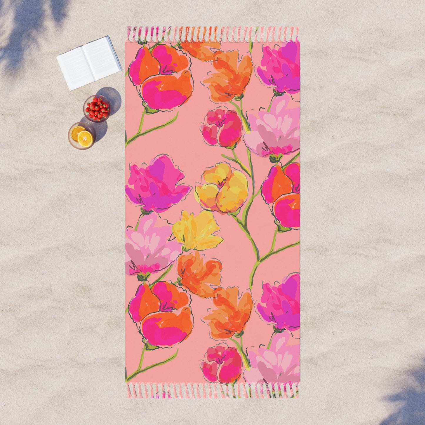 Boho Floral Beach Towel — Pink Watercolor Tulip Floral Fringe Towel