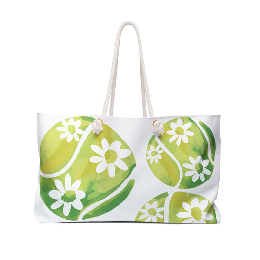 Floral Tennis Weekender Bag - Green Leaf and Daisy Travel Tote, Overnight Bag, Weekend Getaway, Beach Bag, Eco-Friendly Style