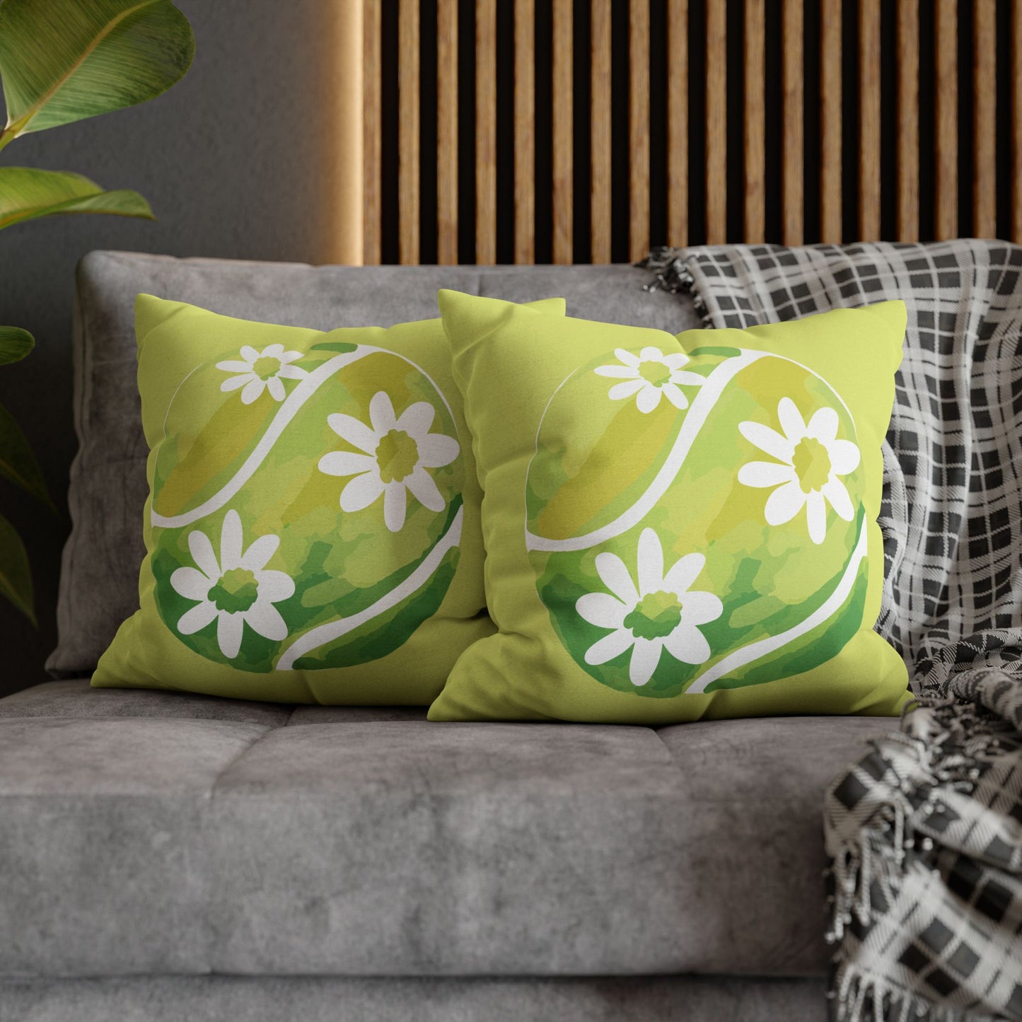 Tennis Ball Daisy Spring Floral Square Pillowcase - Decorative Cushion, Home Decor, Couch Pillow, Gift for Her, Green Leaves Design