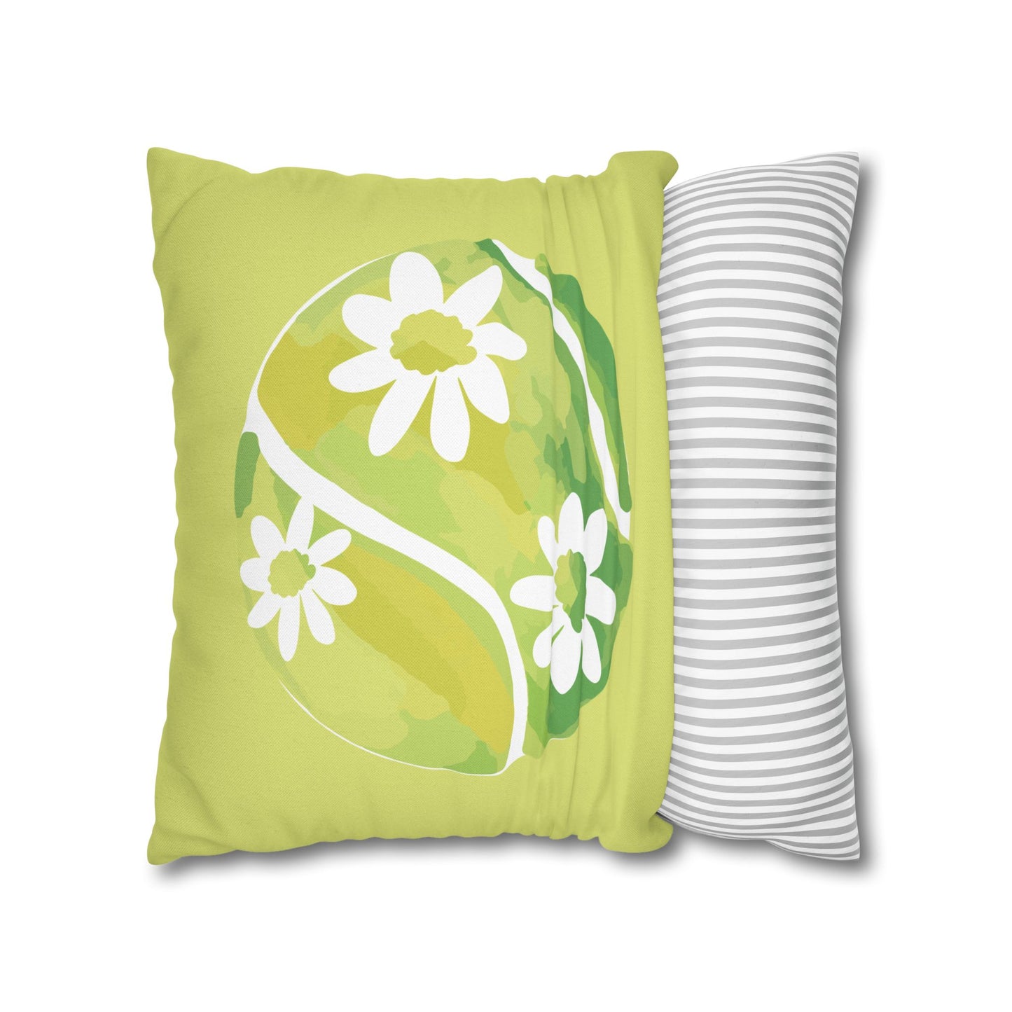 Tennis Ball Daisy Spring Floral Square Pillowcase - Decorative Cushion, Home Decor, Couch Pillow, Gift for Her, Green Leaves Design