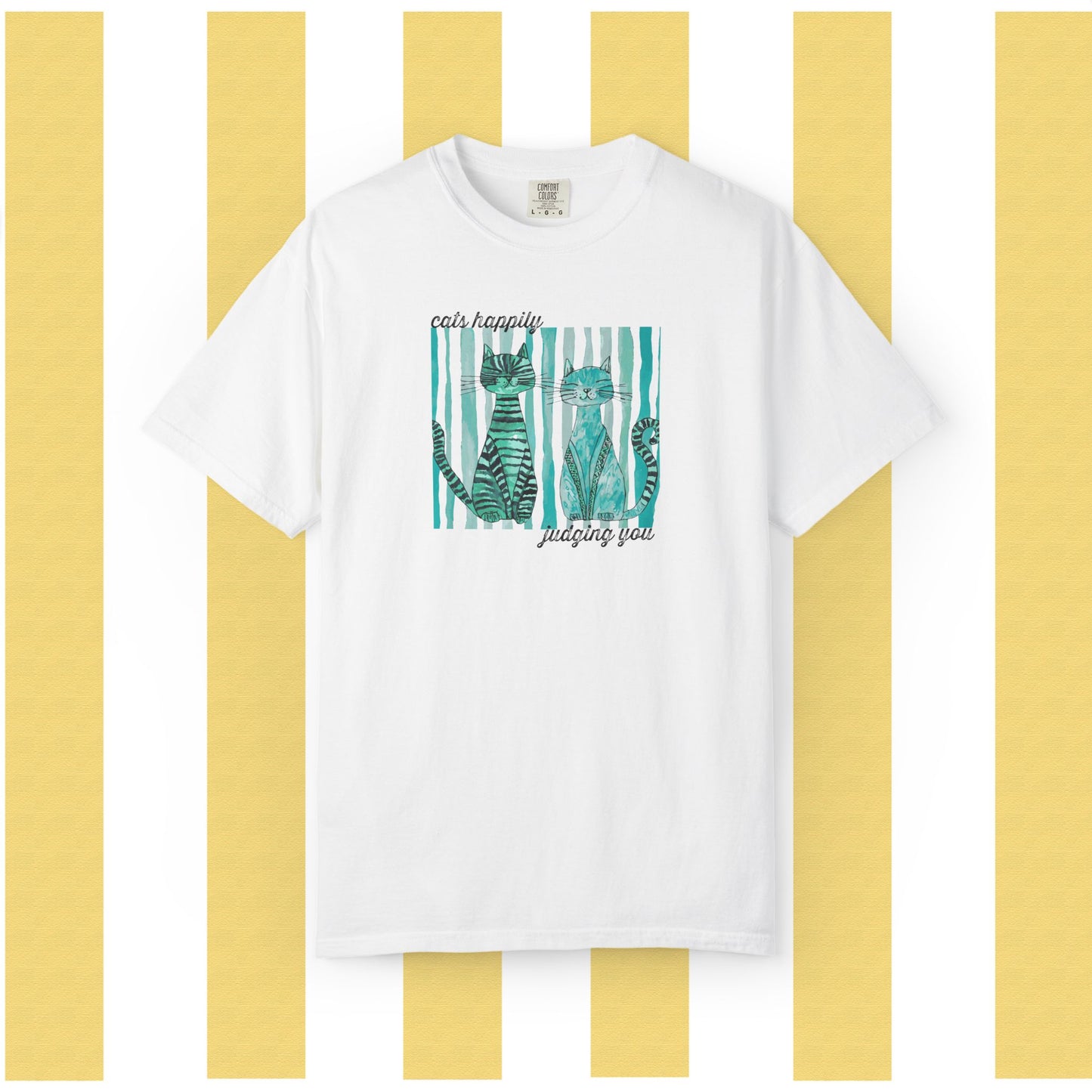 Cat Friends Graphic T-Shirt — "Cats Happily Judging You", Cute Teal Stripe Tee, Unisex