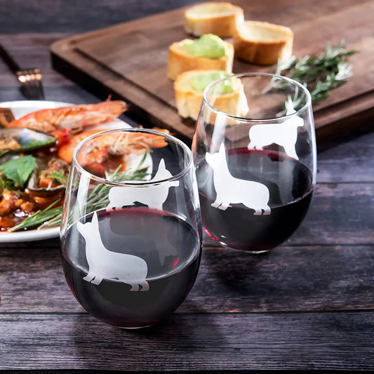 Stemless Wine Glasses Set of 2 by The Wine Savant - Puppy & Dog Lover Glass Gifts Etched Tumblers for Anniversary, Wedding, Home Bar Gifts (Corgi)-1