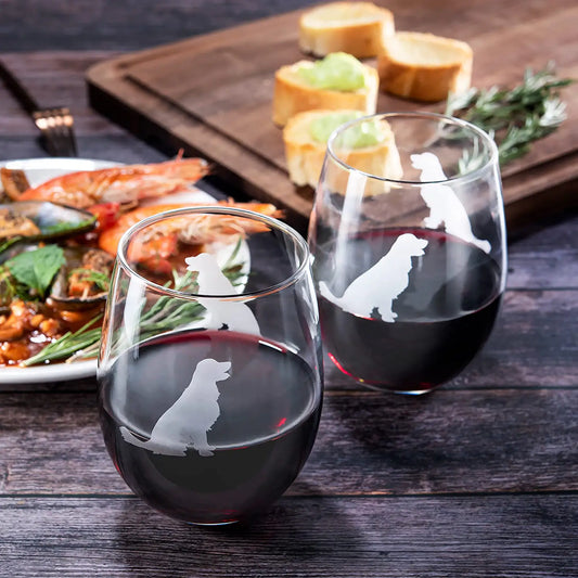 Set of 2 Golden Retriever Dog Stemless Wine Glasses by The Wine Savant - Yellow or Golden Retriever Lover Him & Her - Dogs Silhouette - Glass Gifts Etched Tumblers for Anniversary, Home Bar Gifts-1