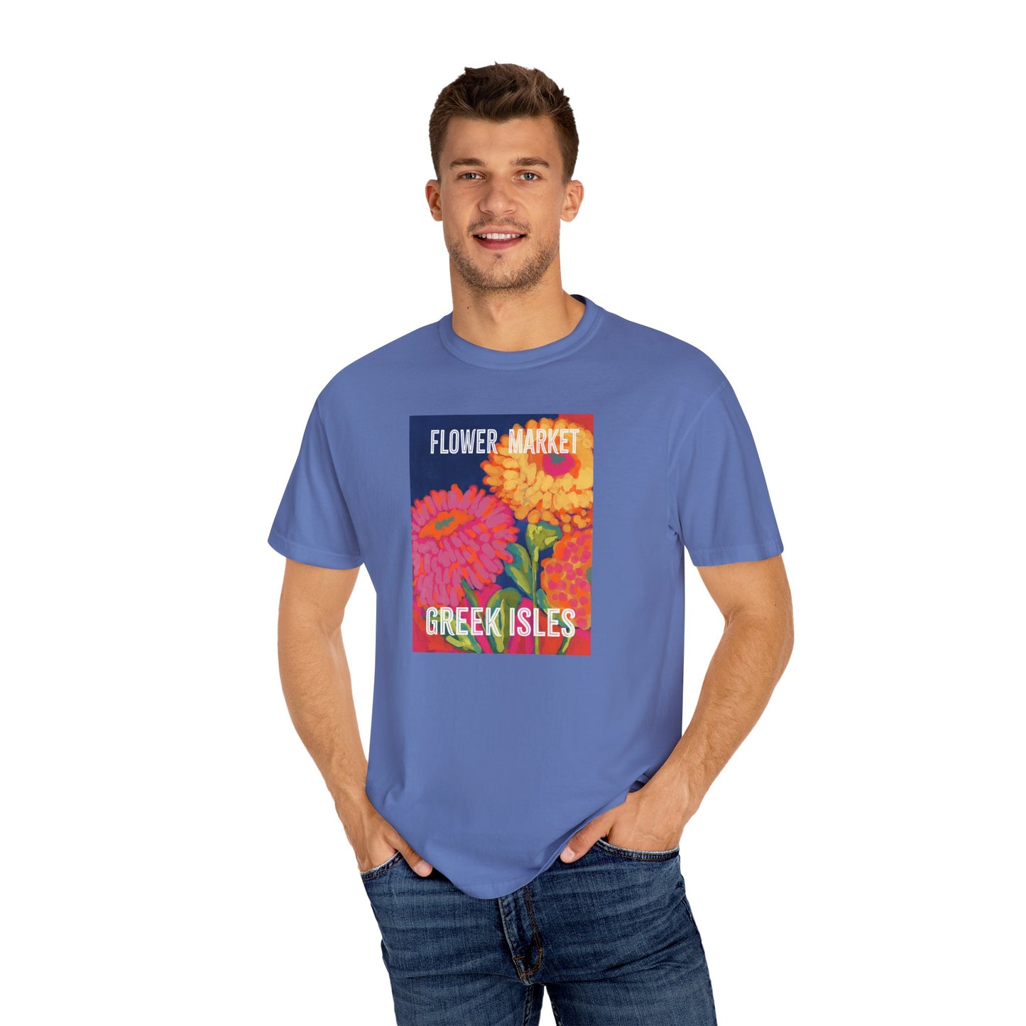 Vibrant Floral Market Tee, Flower Market T-Shirt, Greek Isles Apparel, Gift for Garden Lovers, Summer Wardrobe Essential