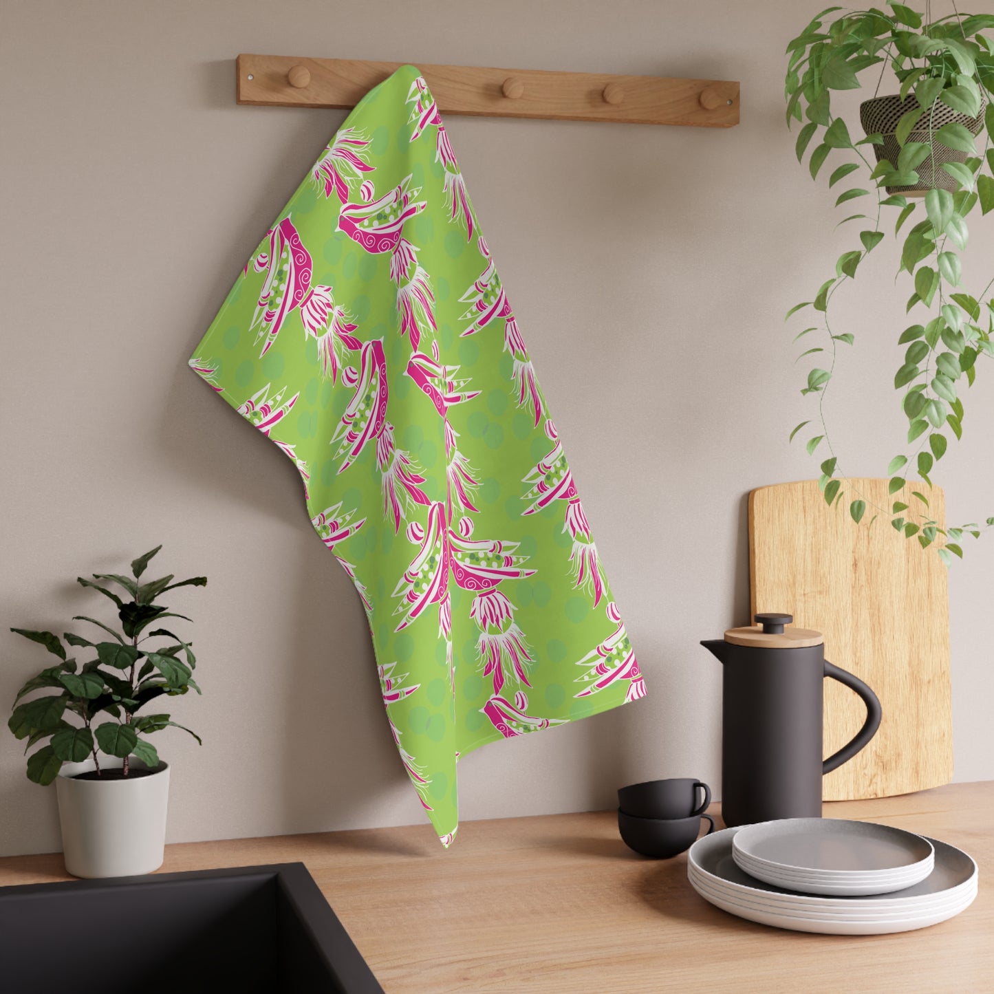 Vibrant Pink and Green Tassel Bird Tea Towels, Kitchen Decor, Gift for Bird Lovers, Eco-Friendly Home, Spring & Summer Kitchen Accessories