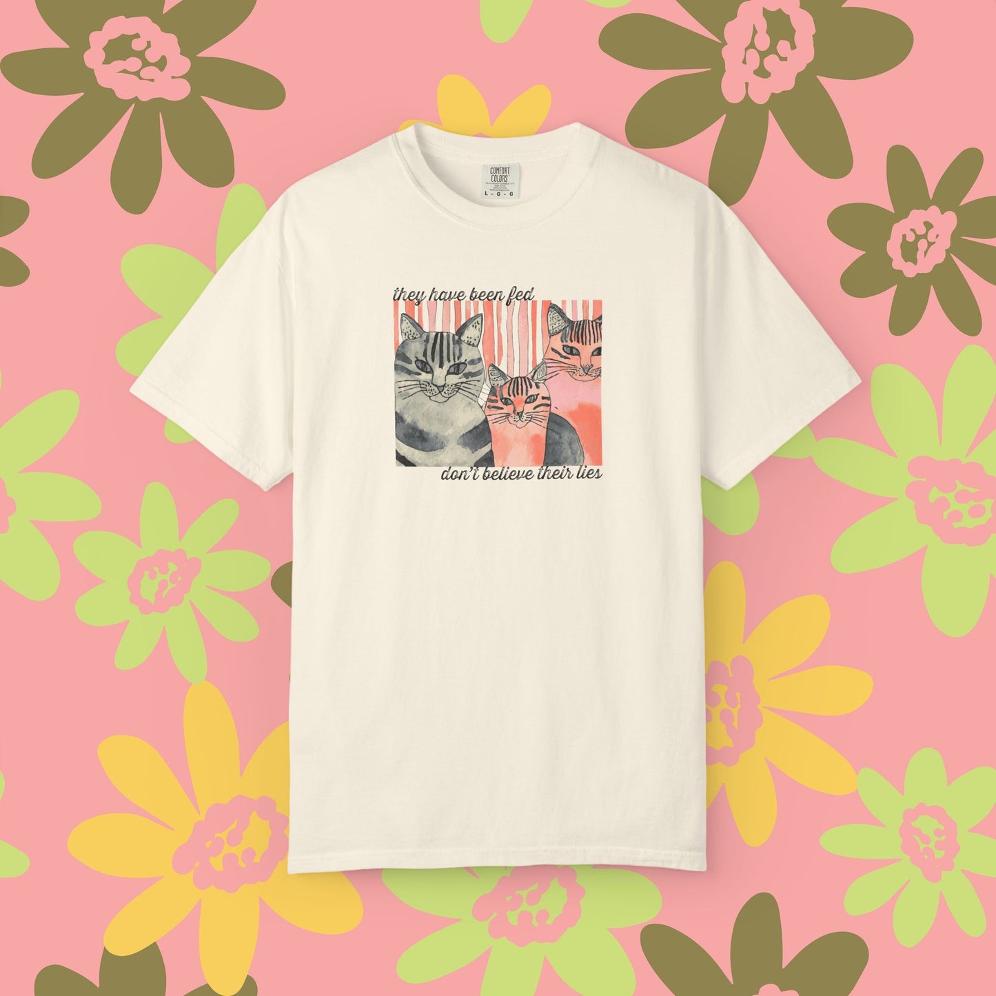 Cat Trio Graphic T-Shirt — "Don't believe their lies, they have been fed." Retro Kitten Tee