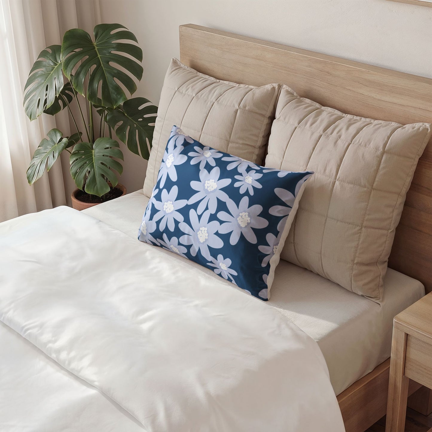 Floral Navy Cotton Pillow Sham — Blue White Daisy Decorative Pillowcase