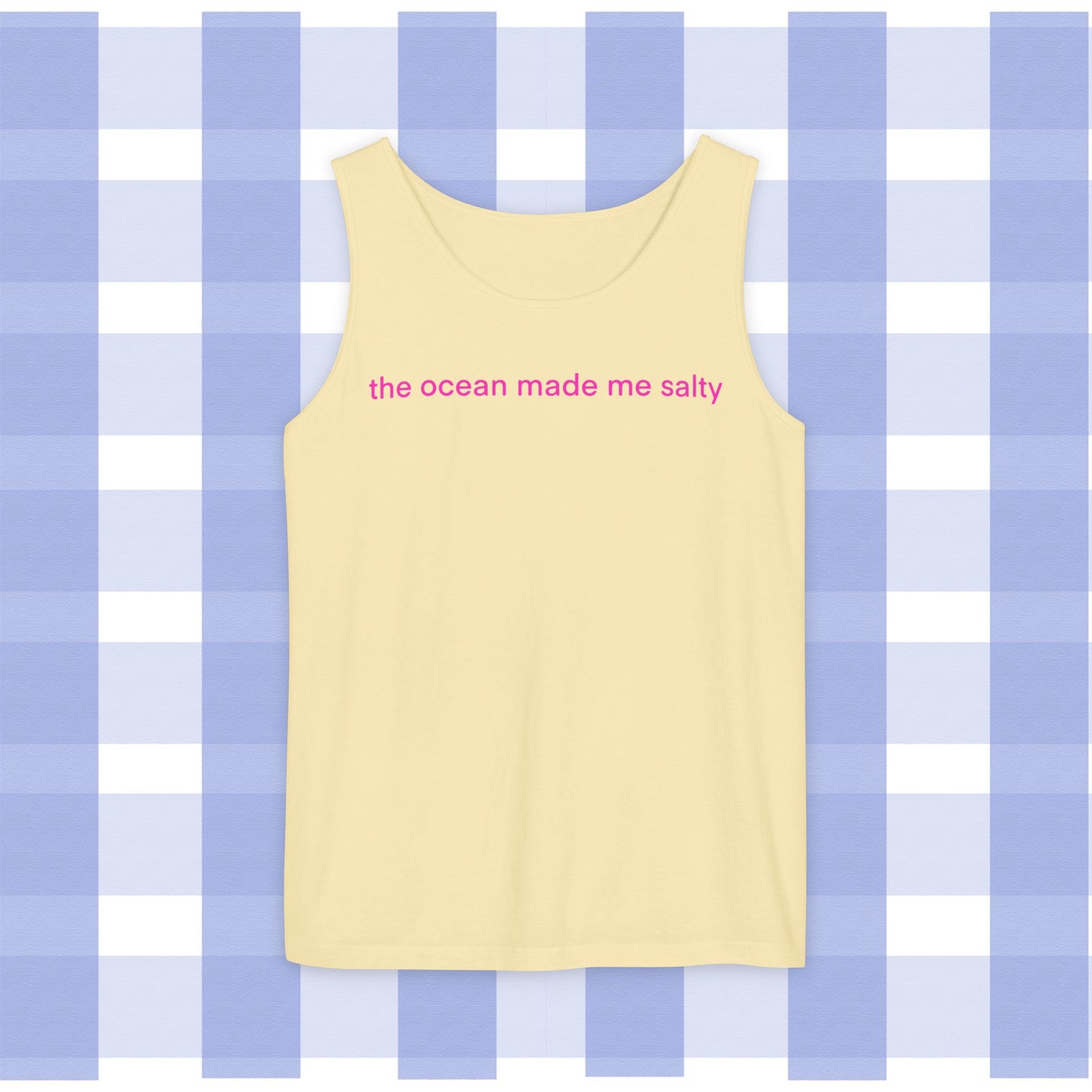 Tank Top — "the ocean made me salty" Pink Text Beach Tank