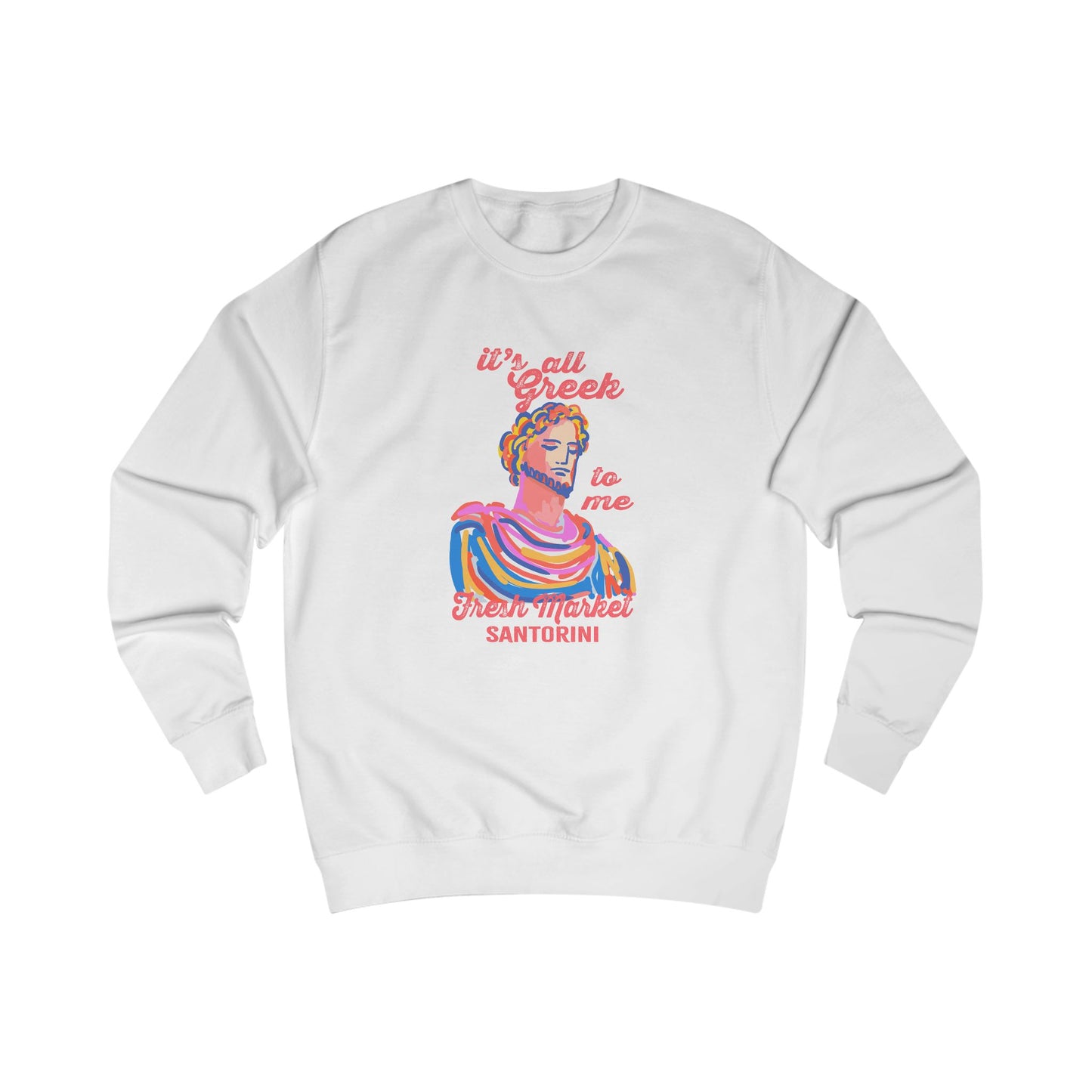 Fresh Market Greek-Inspired Fleece Sweatshirt, Cozy Gift for Travelers, Santorini Crewneck, Unique Graphic Apparel, Perfect for Holidays, Casual Wear