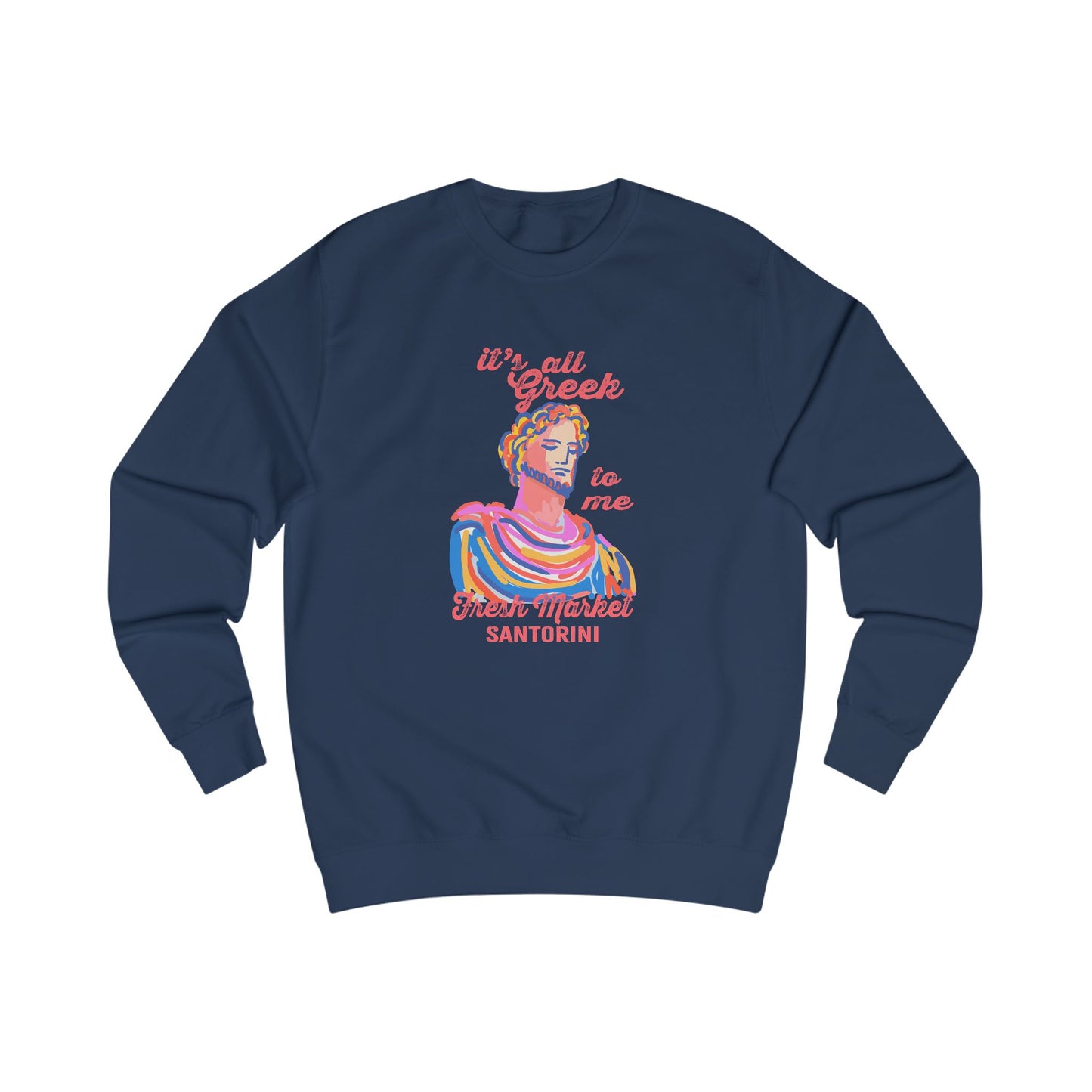Fresh Market Greek-Inspired Fleece Sweatshirt, Cozy Gift for Travelers, Santorini Crewneck, Unique Graphic Apparel, Perfect for Holidays, Casual Wear