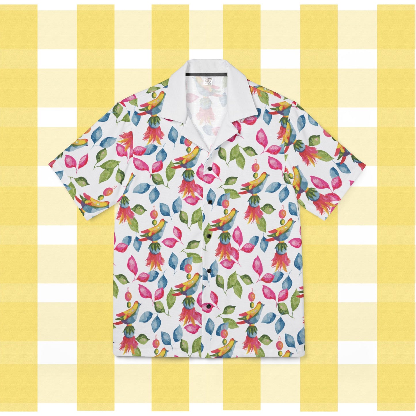 Tropical Tassel Bird Floral Hawaiian Shirt — Unisex Camp Shirt, Colorful Pattern