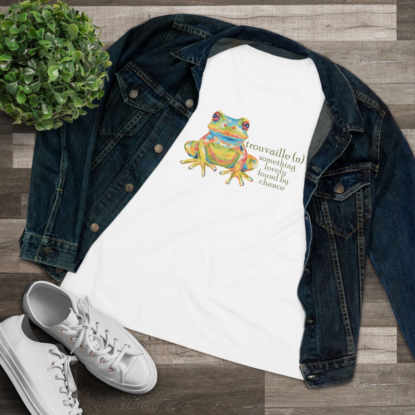 "Trouvaille" Something Lovely Found by Chance French Frog Tee — Women's Cotton T‑Shirt with Colorful Frog Art
