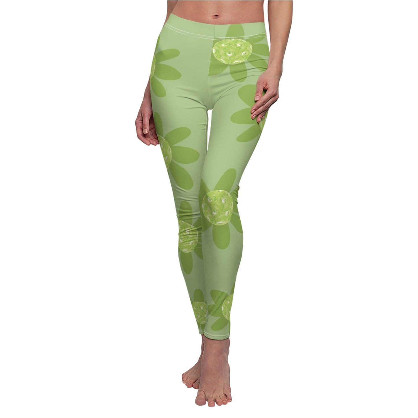 Green Pickleball Daisy Floral Leggings — Women's Casual All-Over Print