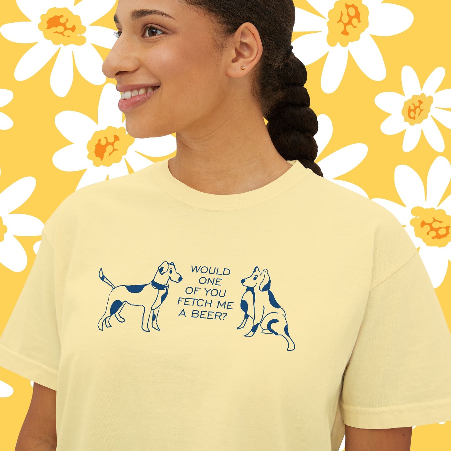 FETCH ME A BEER!  Playful Dog Lover's Boxy Tee, Cute Dog Graphic T-Shirt, Women's Casual Shirt, Gift for Pet Owners, Animal Lover's Apparel