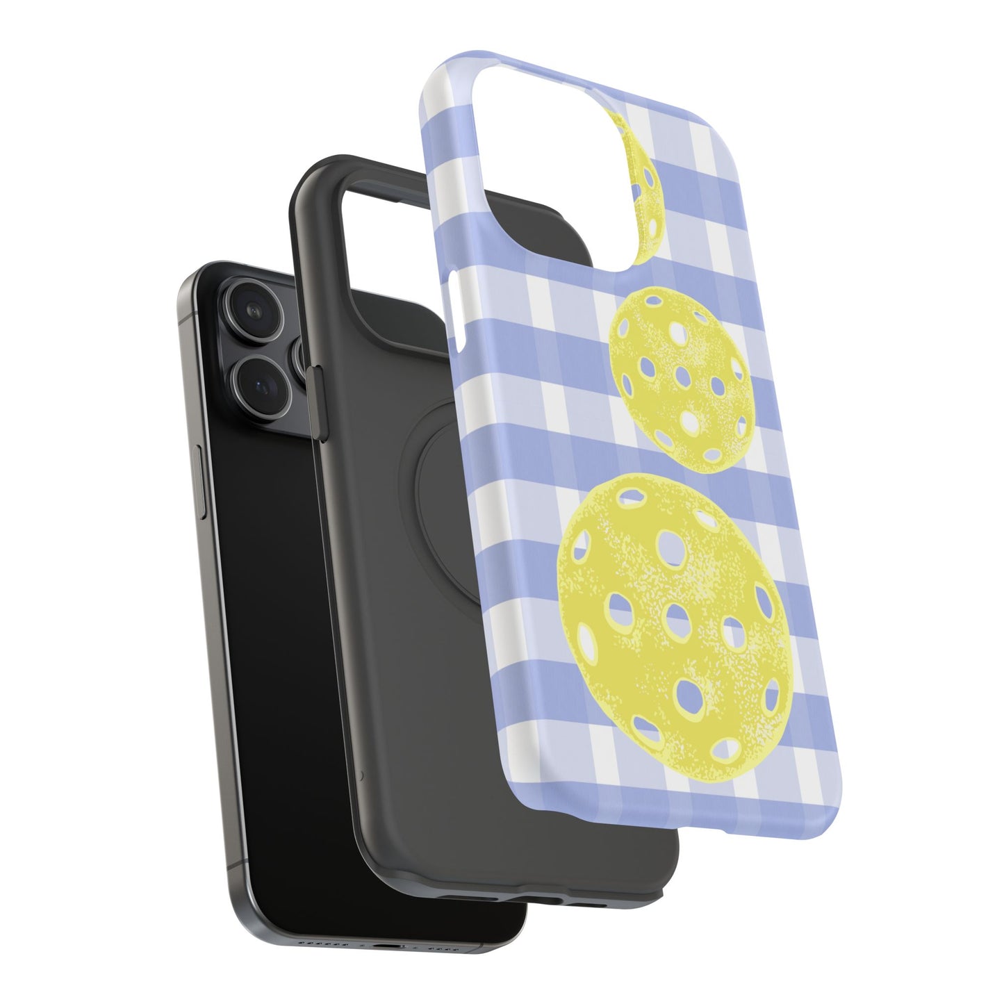 Pickleball Pattern Phone Case — Yellow Pickleball on Blue Gingham Impact Case