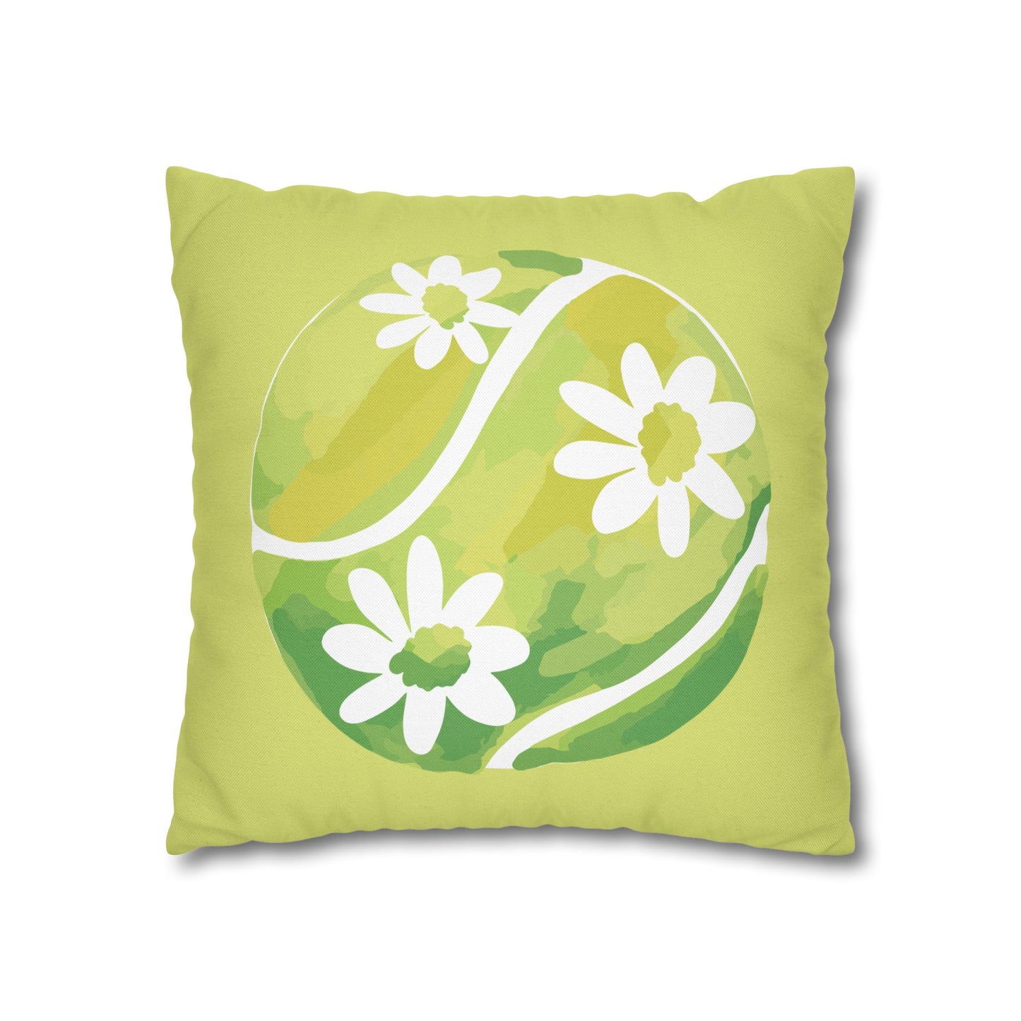 Tennis Ball Daisy Spring Floral Square Pillowcase - Decorative Cushion, Home Decor, Couch Pillow, Gift for Her, Green Leaves Design