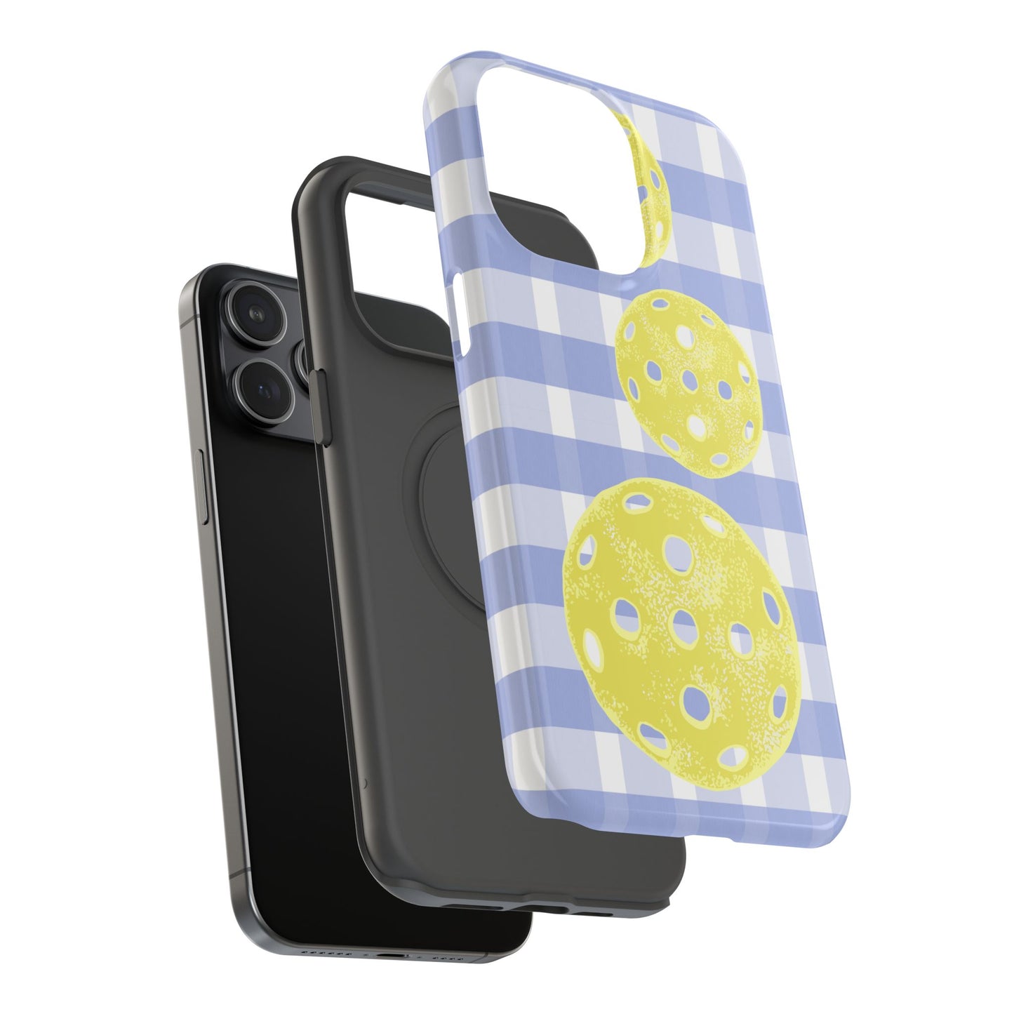 Pickleball Pattern Phone Case — Yellow Pickleball on Blue Gingham Impact Case
