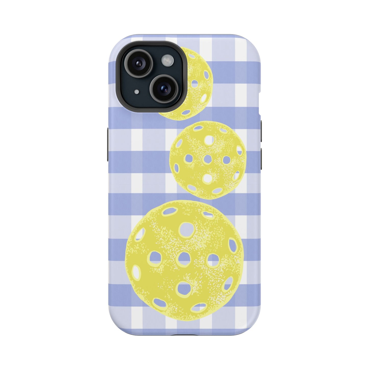 Pickleball Pattern Phone Case — Yellow Pickleball on Blue Gingham Impact Case