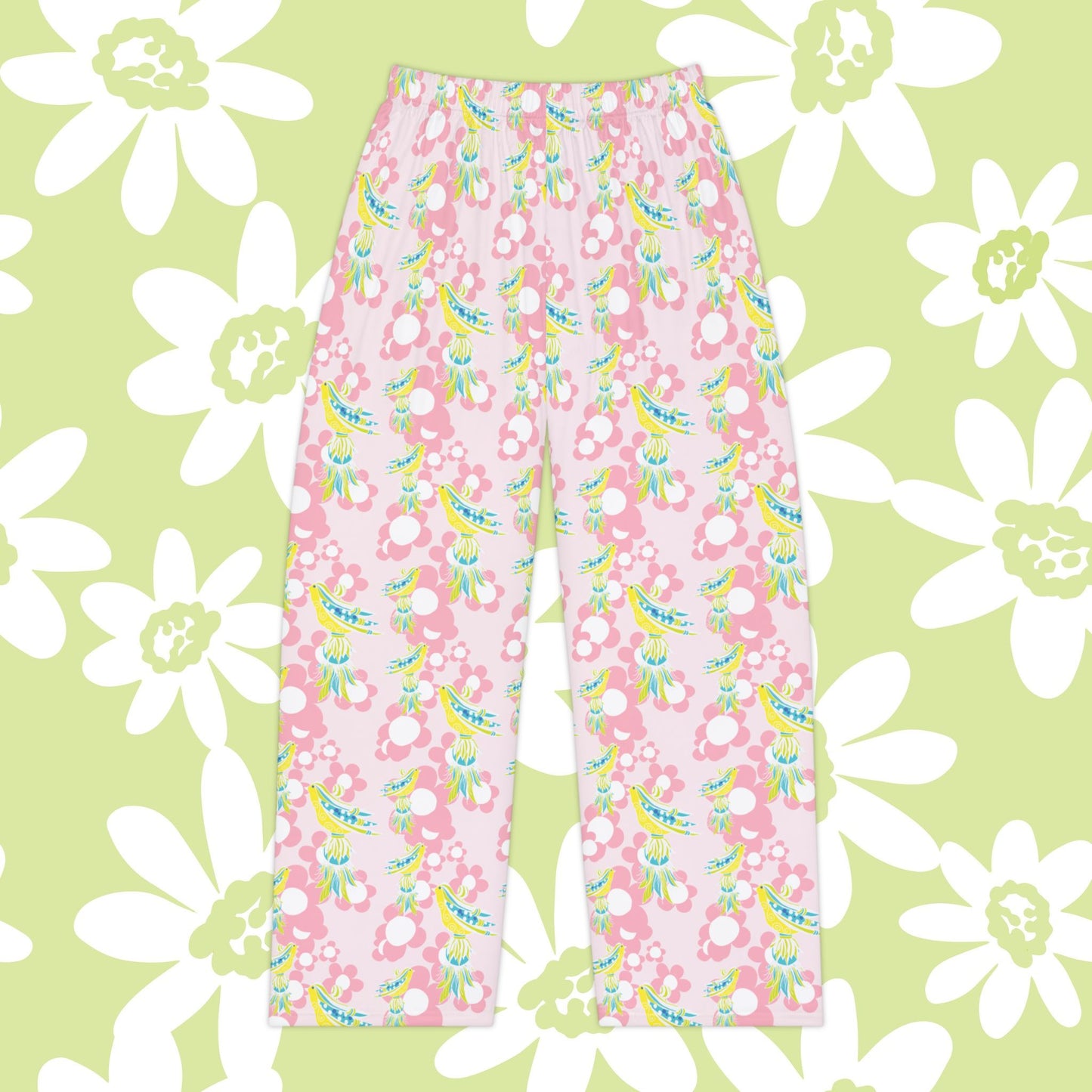 Pink Daisy Tassel Bird Floral Pattered Women's Pajama Pants, Cozy Sleepwear, Lightweight Lounge Pants, Gift for Her, Summer Sleep Shorts