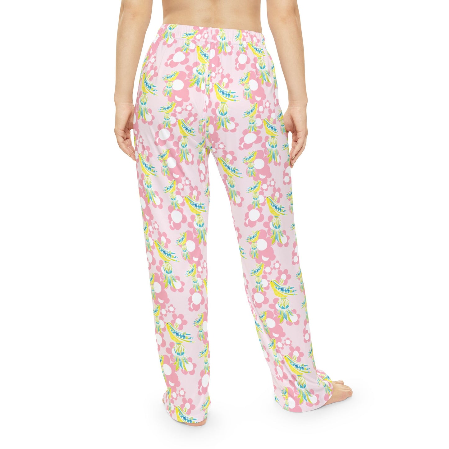 Pink Daisy Tassel Bird Floral Pattered Women's Pajama Pants, Cozy Sleepwear, Lightweight Lounge Pants, Gift for Her, Summer Sleep Shorts