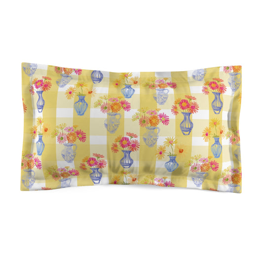Yellow Plaid Daisy Vase Floral Microfiber Pillow Sham, Decorative Case for Home, Vibrant Colors, Cozy Bedroom Accent, Gift for Sleep Lovers, Spring Home Decor