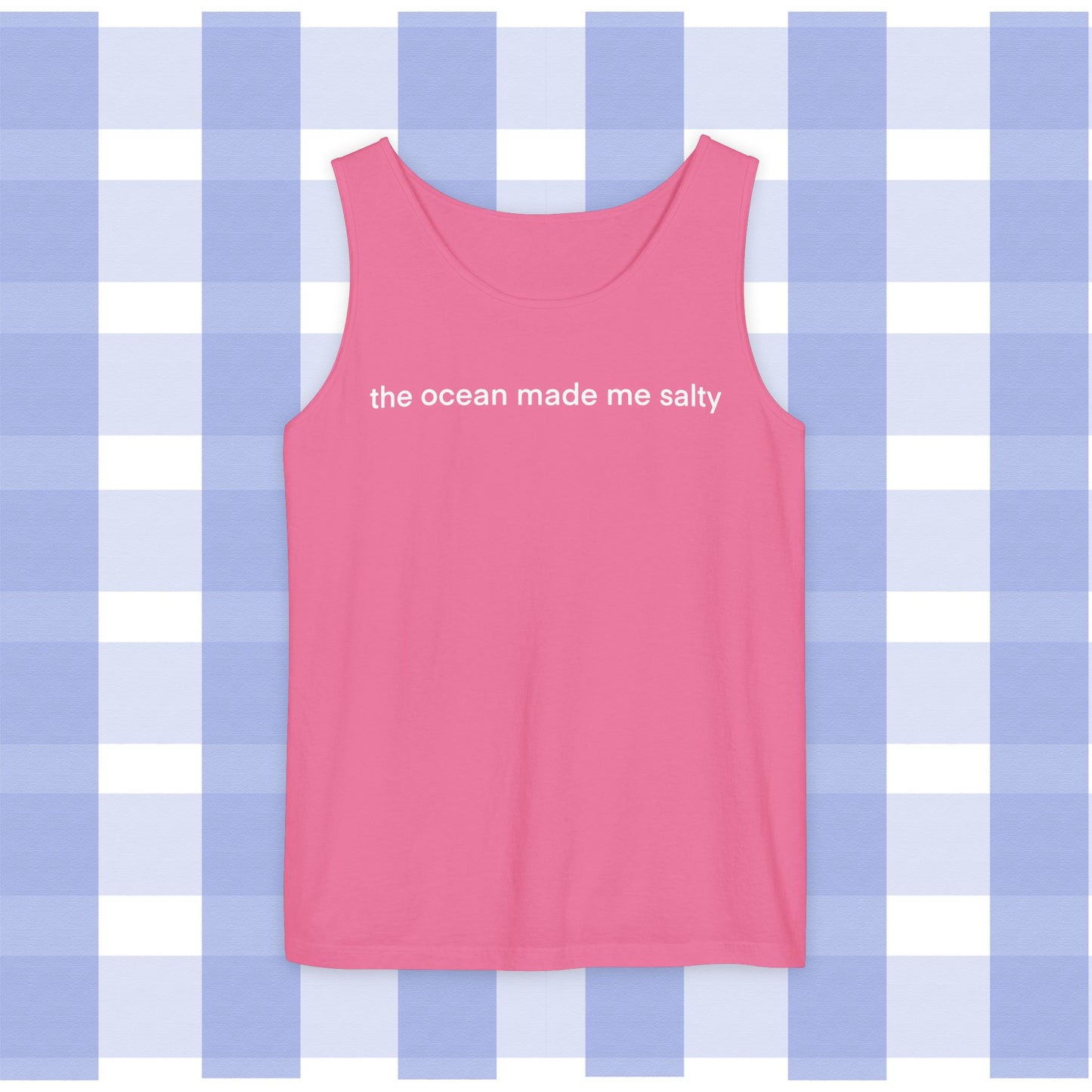 Tank Top — "the ocean made me salty" Pink Text Beach Tank